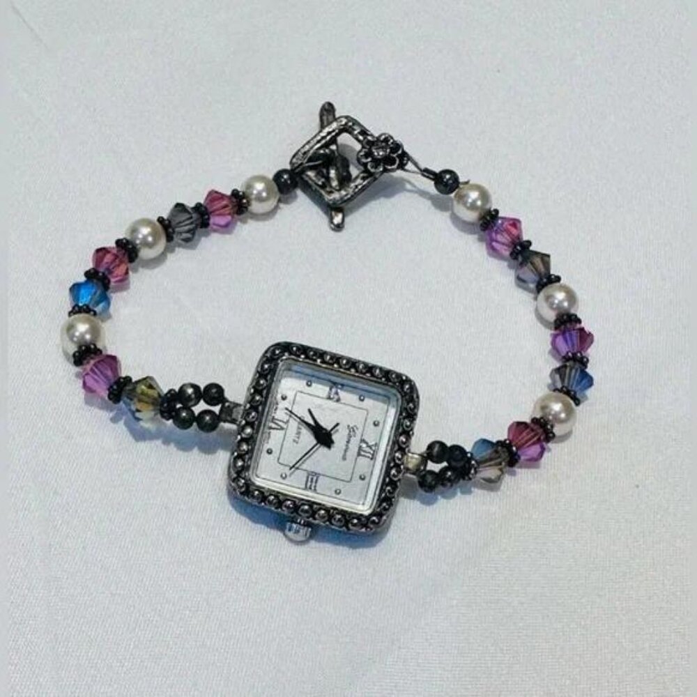 Vintage Geneva Beaded Watch Floral Charm‎ Closure 8.5" Women's